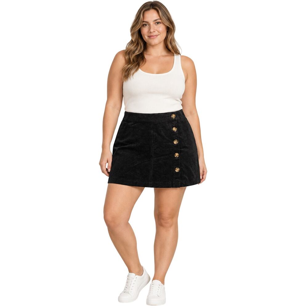 Black corduroy button detail sz Large mini skirt summer casual minimalist EUC
